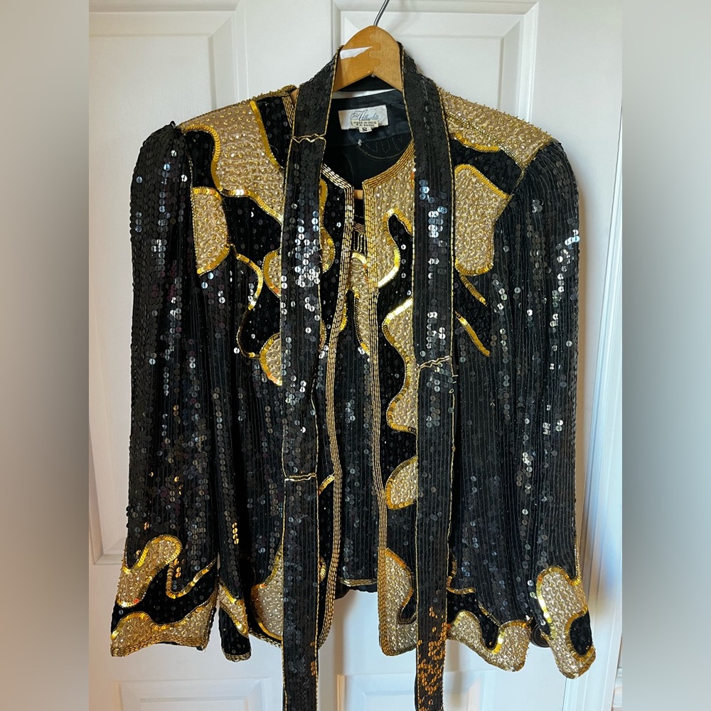 Vtg 80s Sequins Bead Gold And Black Jacket Set Sz S Judith Ann Creations Silk